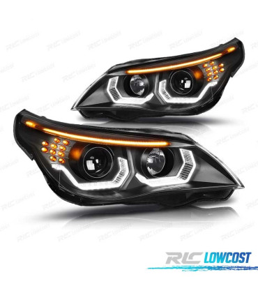 FARÓIS BMW E60 E61 03-07 ANGEL EYES LED U HALO FUNDO PRETO