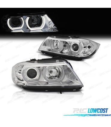 FARÓIS BMW E90 E91 05-08 XENON ANGEL EYES U 3D LED FUNDO CROMADO