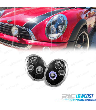 CONJUNTO DE FARÓIS PARA MINI COOPER ANGEL EYES PRETOS CROMADOS