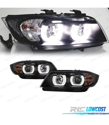 FARÓIS BMW E90 E91 05-08 XENON ANGEL EYES U LED 3D NEGRO