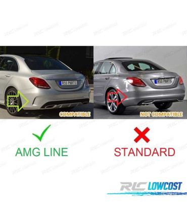 DIFUSOR TRASEIRO MERCEDES CLASE C W205 AMG SEDAN 14-17 PRETO BRILHANTE + PONTEIRAS ESCAPE LOOK AMG
