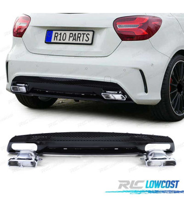 DIFUSOR MERCEDES CLASE A W176 12-18 LOOK AMG A45 PRETO BRILHANTE + PONTEIRAS DE ESCAPE CROMADAS