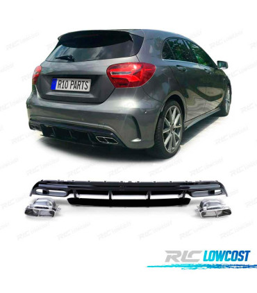 DIFUSOR MERCEDES CLASE A W176 12-18 LOOK A45 AMG PRETO BRILHANTE + PONTEIRAS DE ESCAPE