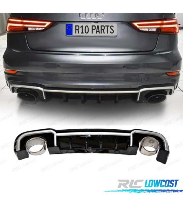 DIFUSOR AUDI A3 SEDAN S LINE 17-20 LOOK RS3 PRETO BRILHANTE + PONTEIRAS DE ESCAPE