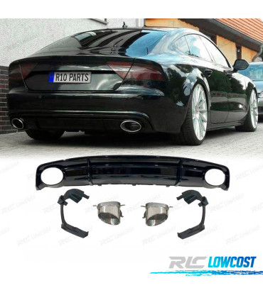 DIFUSOR AUDI A7 S LINE 16-18 LOOK RS7 PRETO BRILHANTE + PONTEIRAS DE ESCAPE PRATEADAS