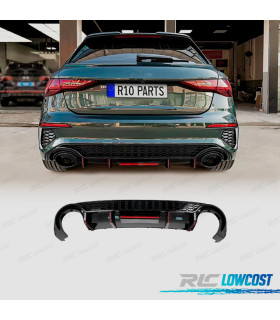DIFUSOR AUDI A3 21- LOOK RS3 COM LUZ DE TRAVAO PRETO BRILHANTE + LINHA DE ESCAPE HATCHBACK