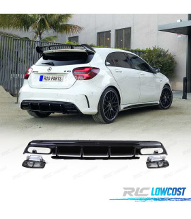 DIFUSOR TRASEIRO MERCEDES CLASE A W176 15-18 LOOK A45 AMG PRETO BRILHANTE + PONTEIRAS