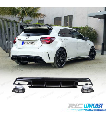 DIFUSOR TRASEIRO MERCEDES CLASE A W176 15-18 LOOK A45 AMG PRETO BRILHANTE + PONTEIRAS