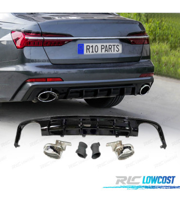 DIFUSOR TRASEIRO AUDI A6 C8 AVANT 19-21 LOOK RS6 PRETO BRILHANTE + PONTEIRAS DE ESCAPE