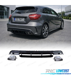 DIFUSOR MERCEDES CLASE A W176 12-18 LOOK A45 AMG PRETO BRILHANTE + PONTEIRAS DE ESCAPE