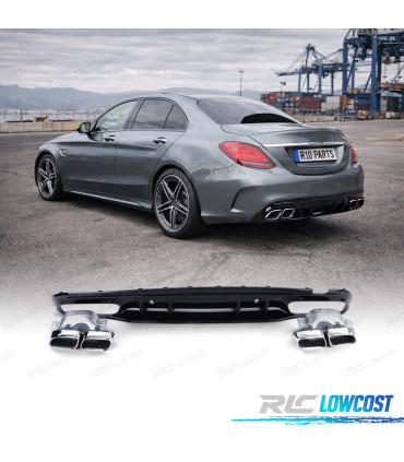 DIFUSOR MERCEDES CLASE C W205 SEDAN 18-21 PRETO BRILHANTE + PONTEIRAS DE ESCAPE LOOK AMG C63