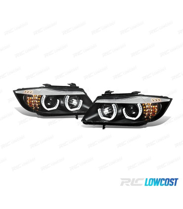 FARÓIS BMW E90 E91 05-08 ANGEL EYES 3D LED + PISCA LED FUNDO PRETO