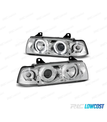 FARÓIS BMW E36 SEDAN 92-98 ANGEL EYES CCFL FUNDO CROMADO