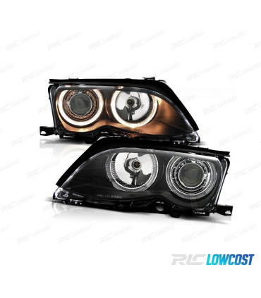 FARÓIS BMW E46 4P 01-05 ANGEL EYES FUNDO PRETO