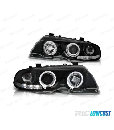 FARÓIS BMW E46 99-03 ANGEL EYES LED FUNDO PRETO