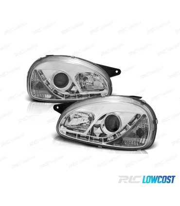 FARÓIS COM LUZ DIURNA LED OPEL CORSA B 93-00 FUNDO CROMADO
