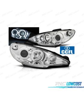 FARÓIS ANGEL EYES CCFL PEUGEOT 206 H1 98-08 FUNDO CROMADO