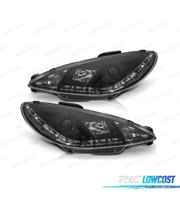 FARÓIS COM LUZ DIURNA LED PEUGEOT 206 98-08 FUNDO PRETO
