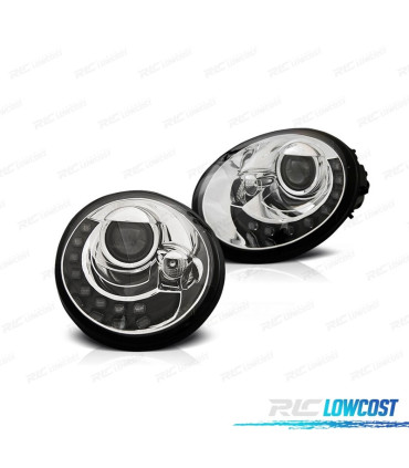FARÓIS VOLKSWAGEN VW BEETLE 95-05 LUZ DIURNA LED FUNDO CROMADO