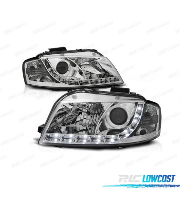 FARÓIS AUDI A3 8P 03-08 LUZ DIURNA LED FUNDO CROMADO