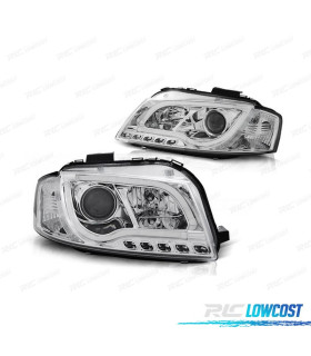 FARÓIS AUDI A3 8P 03-08 LUZ DIURNA TUBE LIGHT FUNDO CROMADO
