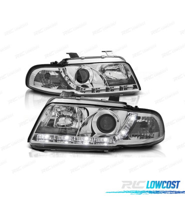 FARÓIS FRONTAIS LED LUZ DIURNA PARA AUDI A4 B5 94 – 99 FUNDO CROMADOS