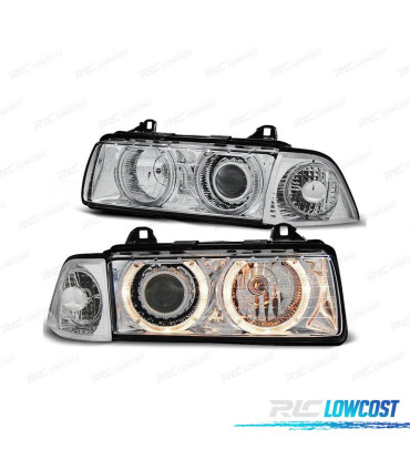 FARÓIS BMW E36 90-99 ANGEL EYES FUNDO CROMADO