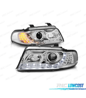 FARÓIS COM LUZ DIURNA LED AUDI A4 B5 99-00 FUNDO CROMADO