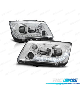 FARÓIS COM LUZ DIURNA LED VOLKSWAGEN VW BORA 98-05 FUNDO CROMADO