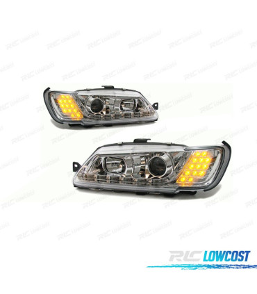 FARÓIS COM LUZ DIURNA LED PEUGEOT 306 93-97 FUNDO CROMADO