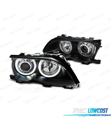 FAROIS FRONTAL BMW E46 4 PORTAS 01-05 OLHOS DE ANGEL LED FUNDO PRETO
