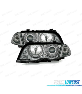 FARÓIS DIANTEIROS BMW E46 4 PORTAS 98-01 ANGEL EYES CFL FUNDO CROMADO H7-H7