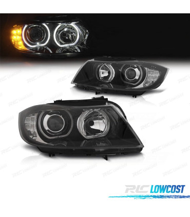 FARÓIS BMW E90 E91 08-11 ANGEL EYES PISCA EM LED FUNDO PRETO
