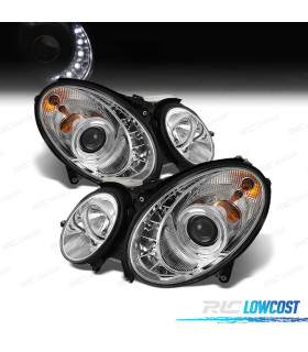 FARÓIS XENON LUZ DIURNA LED MERCEDES E W211 02-06 FUNDO CROMADO