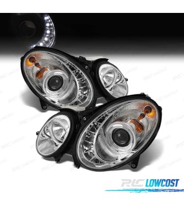 FARÓIS XENON LUZ DIURNA LED MERCEDES E W211 02-06 FUNDO CROMADO