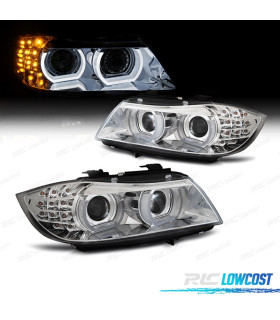 FARÓIS XENON ANGEL EYES + PISCA LED PARA BMW E90 E91 08-12 FUNDO CROMADO