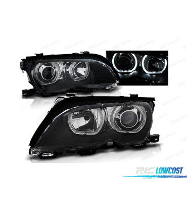 FARÓIS BMW E46 01-05 ANGEL EYES LED PRETO