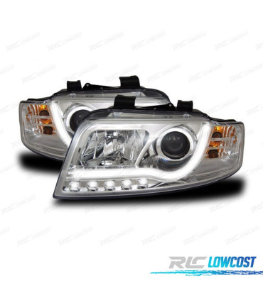 FARÓIS COM LUZ DIURNA LED TFL AUDI A4 B6 00-04 FUNDO CROMADO