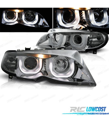 FARÓIS COM LUZ DIURNA LED BMW E46 01-05 FUNDO CROMADO