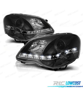 FARÓIS FRONTAIS COM LUZ DIURNA LED PARA VOLKSWAGEN VW POLO 9N3,05-09 FUNDO PRETO