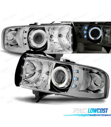 CONJUNTO DE FARÓIS PARA DODGE RAM 94-01 LED ANGEL EYES CROMADO