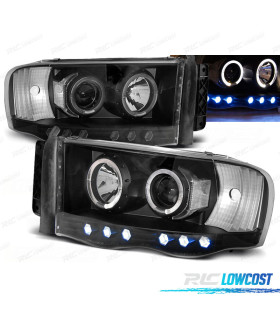 CONJUNTO DE FARÓIS PARA DODGE RAM 02-06 ANGEL EYES + LEDS PRETO