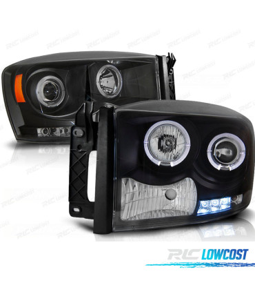 CONJUNTO DE FARÓIS PARA DODGE RAM 06-08 ANGEL EYES + LEDS PRETO