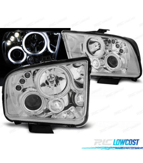 CONJUNTO DE FARÓIS ANGEL EYES + LEDS PARA FORD MUSTANG 04-09 CROMADO