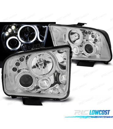CONJUNTO DE FARÓIS ANGEL EYES + LEDS PARA FORD MUSTANG 04-09 CROMADO