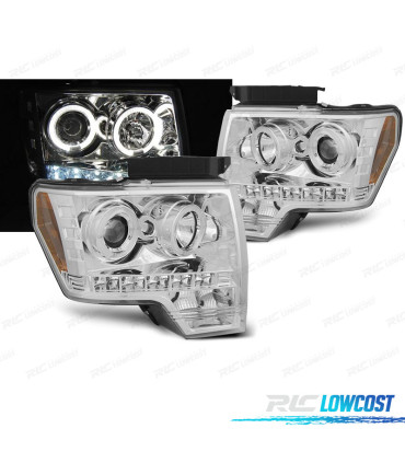 CONJUNTO DE FARÓIS PARA FORD F150 MK12 08-14 ANGEL EYES + LED CROMADO