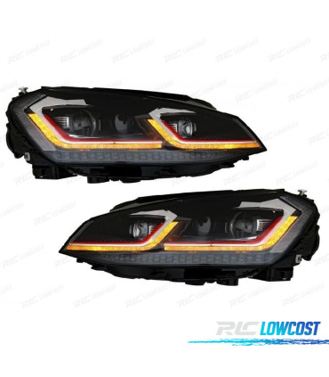 CONJUNTO FARÓIS VW GOLF 7 12-17 LOOK FACELIFT G7.5 GTI INDICADOR DINÂMICO PRETO COM BORDA VERMELHA