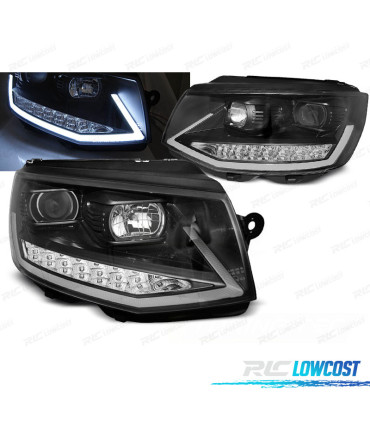 CONJUNTO DE FARÓIS VW T6 15- TUBE LIGHT LED SEQ DRL COM INDICADORES LEDS DINÂMICOS PRETOS CROMADOS