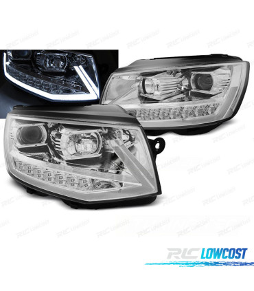 CONJUNTO DE FARÓIS VW T6 15-19 TUBE LIGHT LED SEQ DRL COM INDICADORES LEDS DINÂMICOS CRISTAL TRANSPARENTE