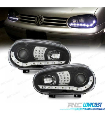 FARÓIS COM LUZ DIURNA LED VOLKSWAGEN VW GOLF 4 FUNDO PRETO + CROMADO